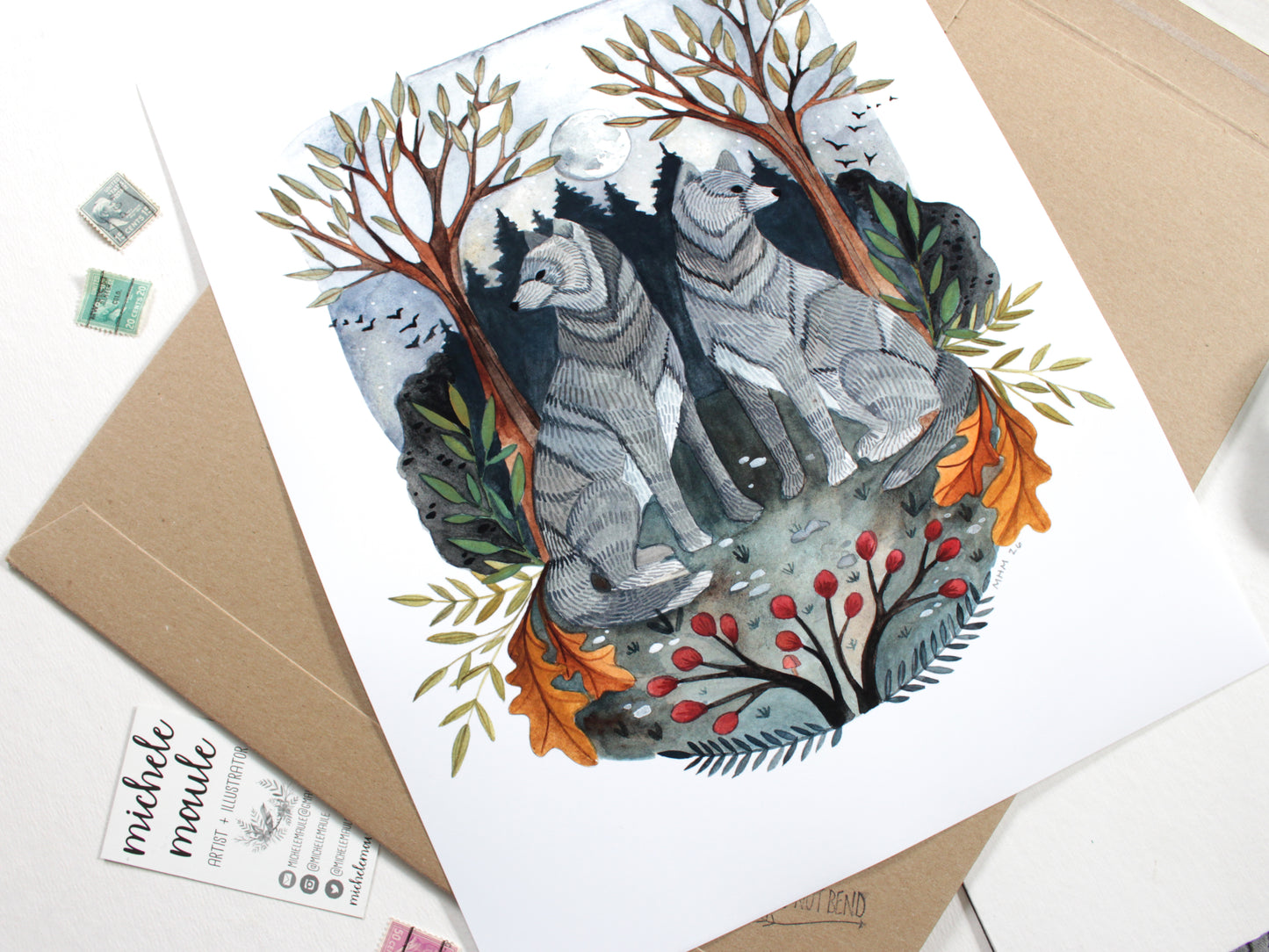 Hand Drawn and Painted Art Print - Full Moon Wolves