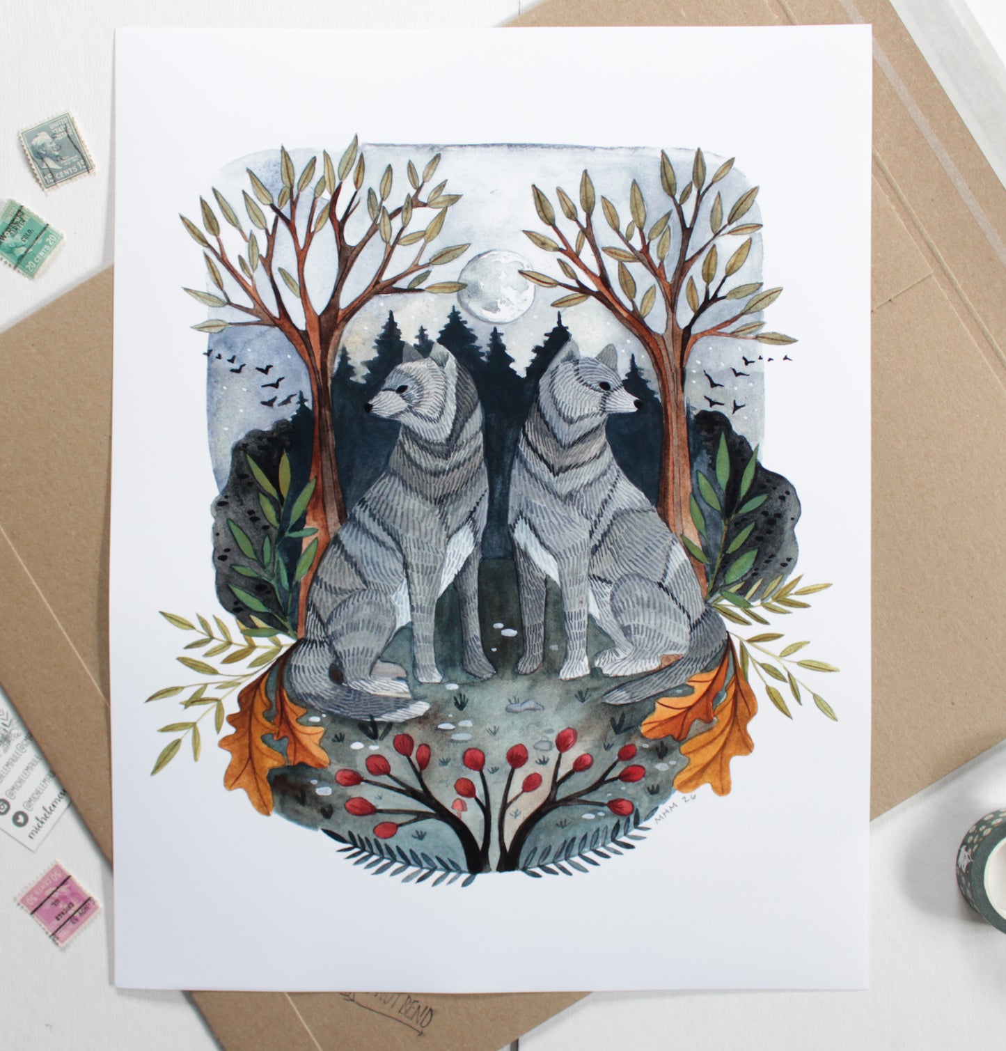Hand Drawn and Painted Art Print - Full Moon Wolves