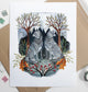 Hand Drawn and Painted Art Print - Full Moon Wolves