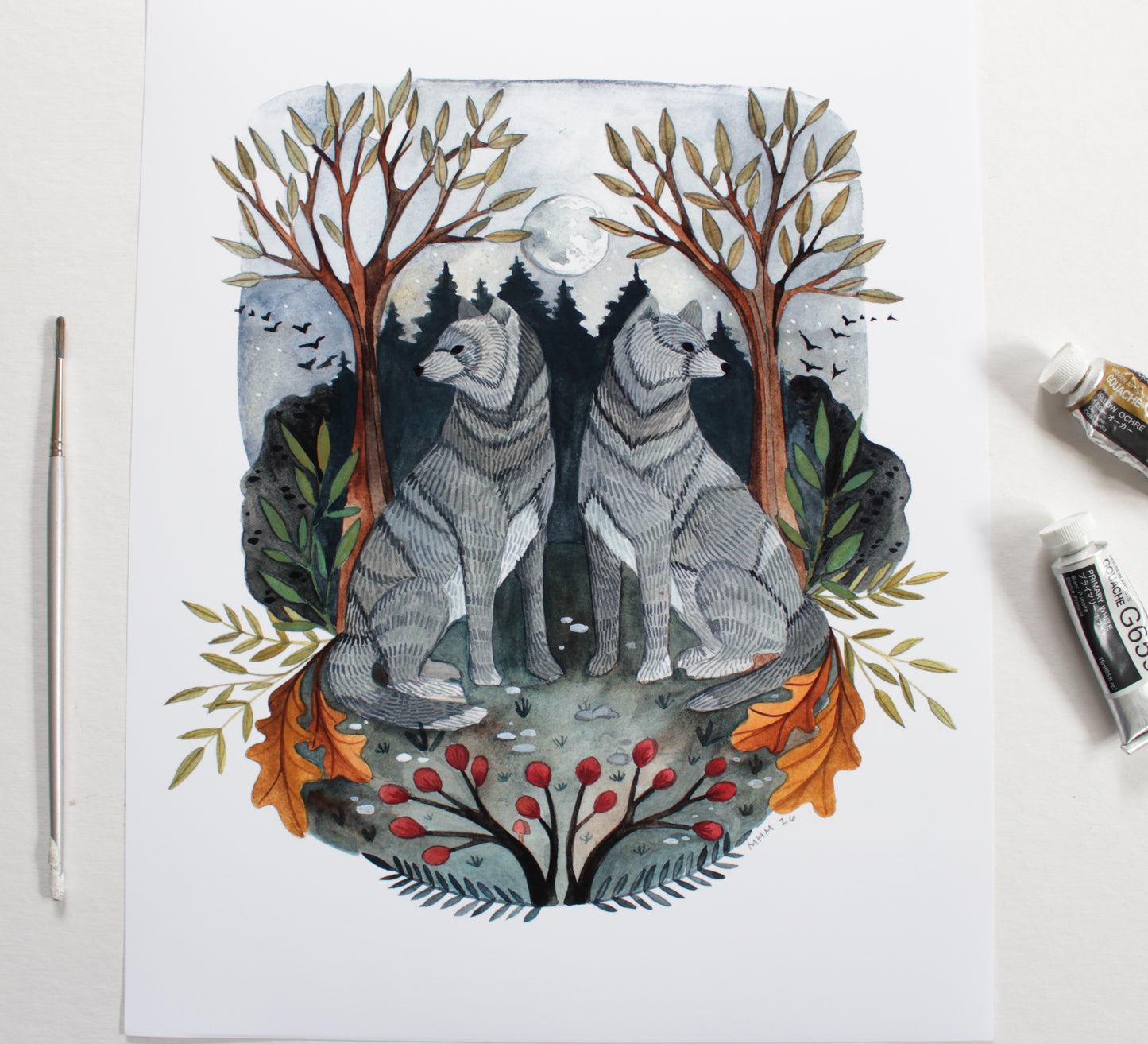 Hand Drawn and Painted Art Print - Full Moon Wolves