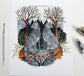 Hand Drawn and Painted Art Print - Full Moon Wolves