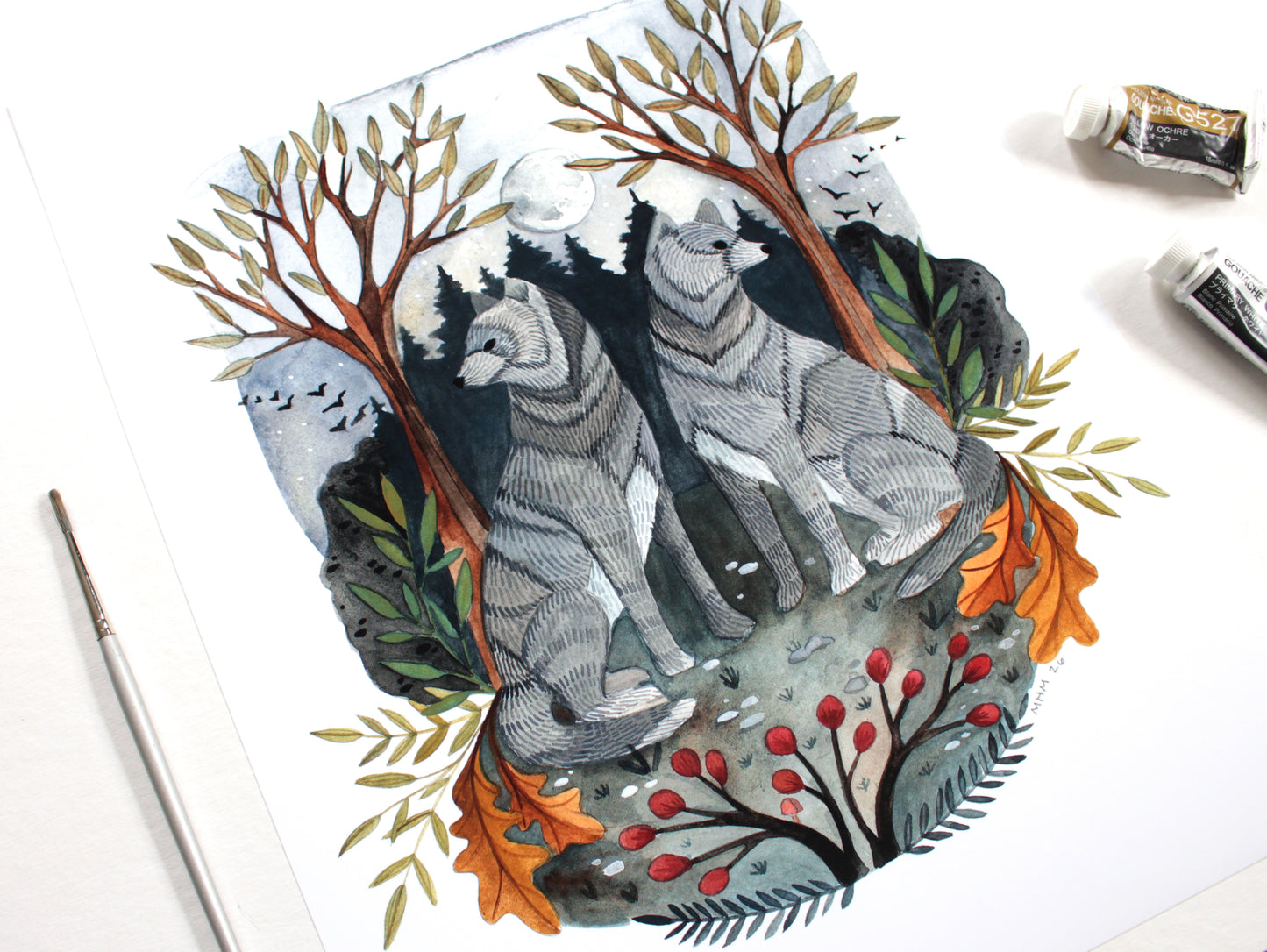 Hand Drawn and Painted Art Print - Full Moon Wolves