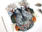 Hand Drawn and Painted Art Print - Full Moon Wolves