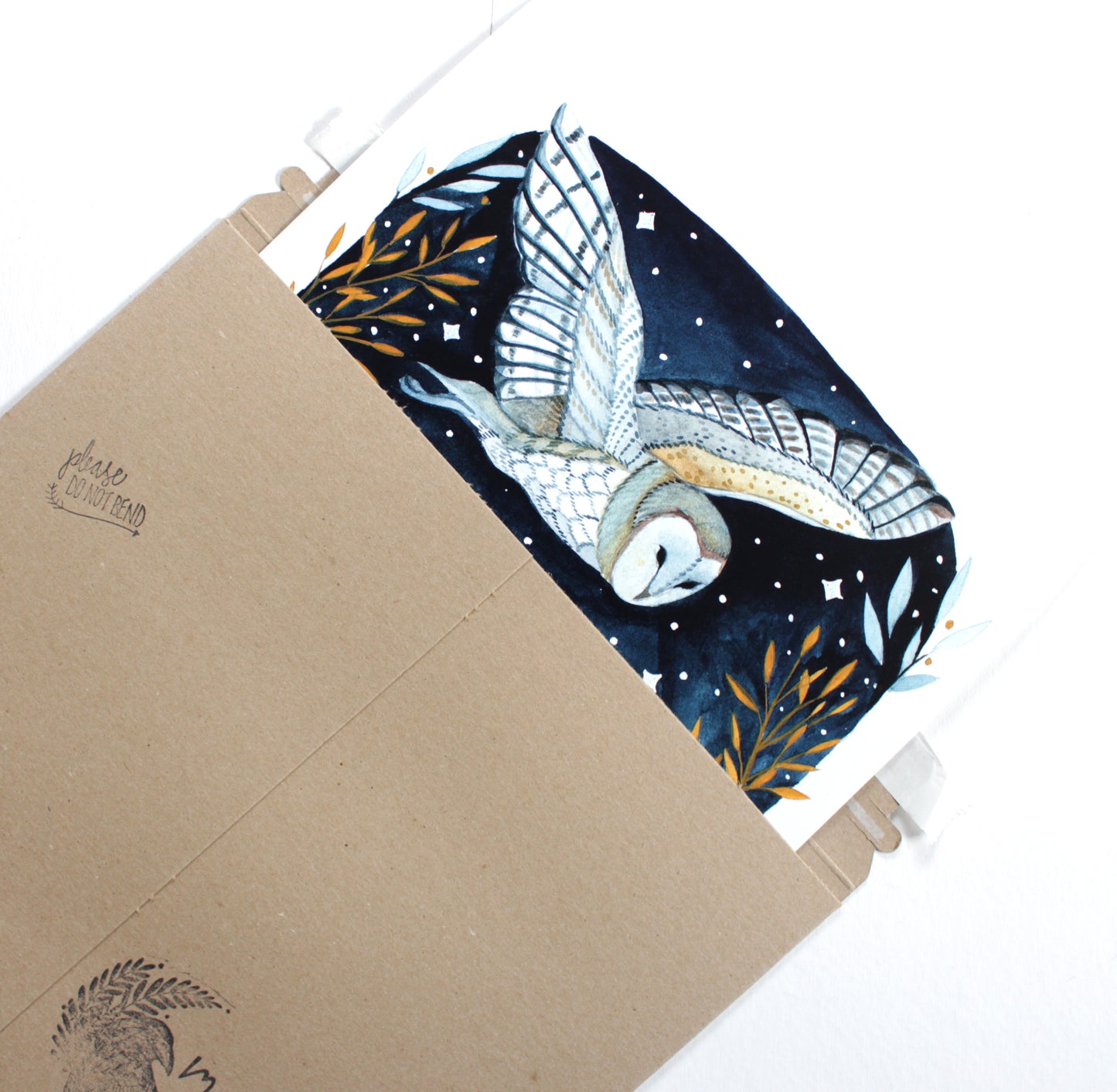 Hand Drawn and Painted Two White Barn Owls at Night
