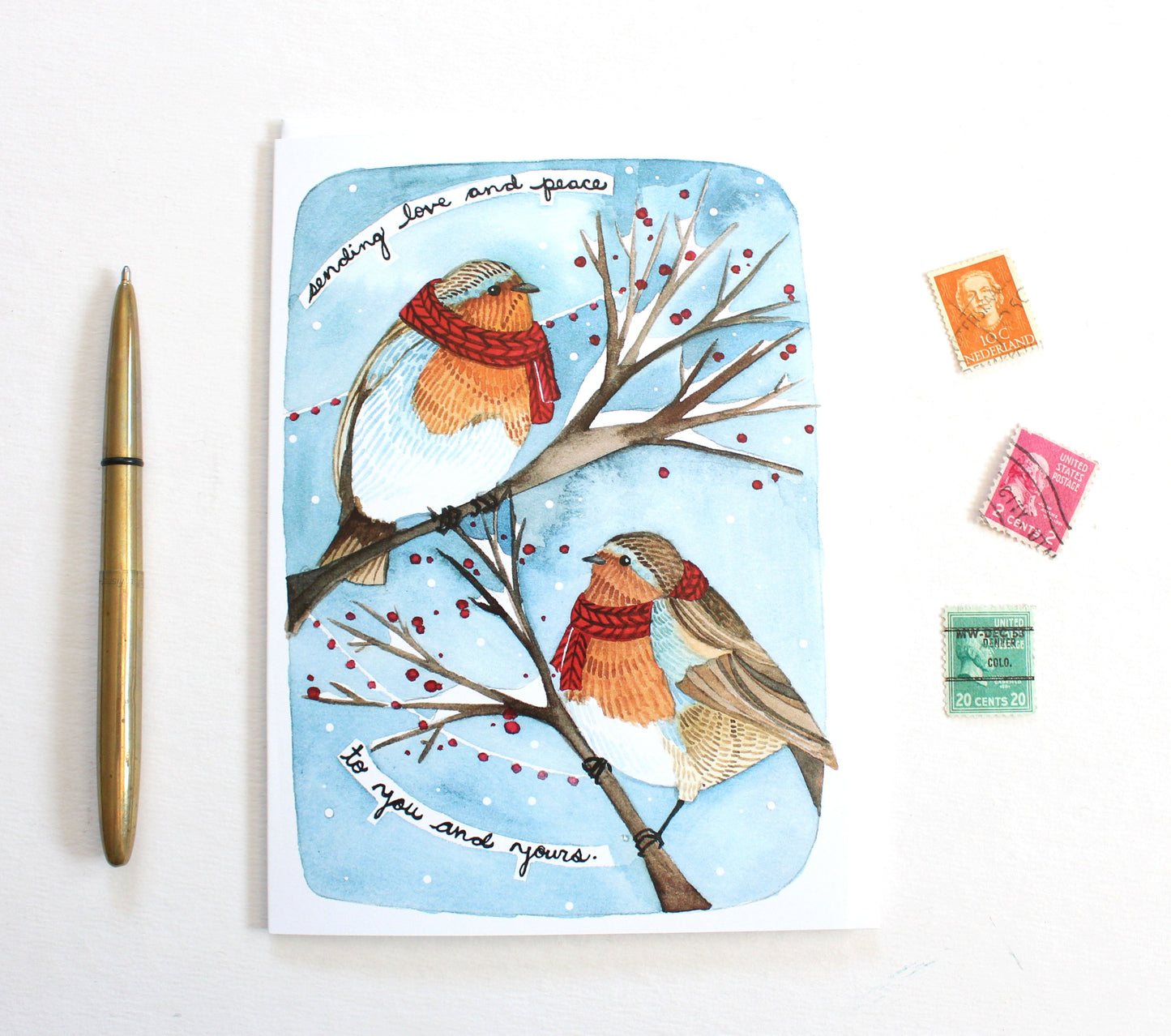 Blank Winter Robins Holiday Card - Love and Peace