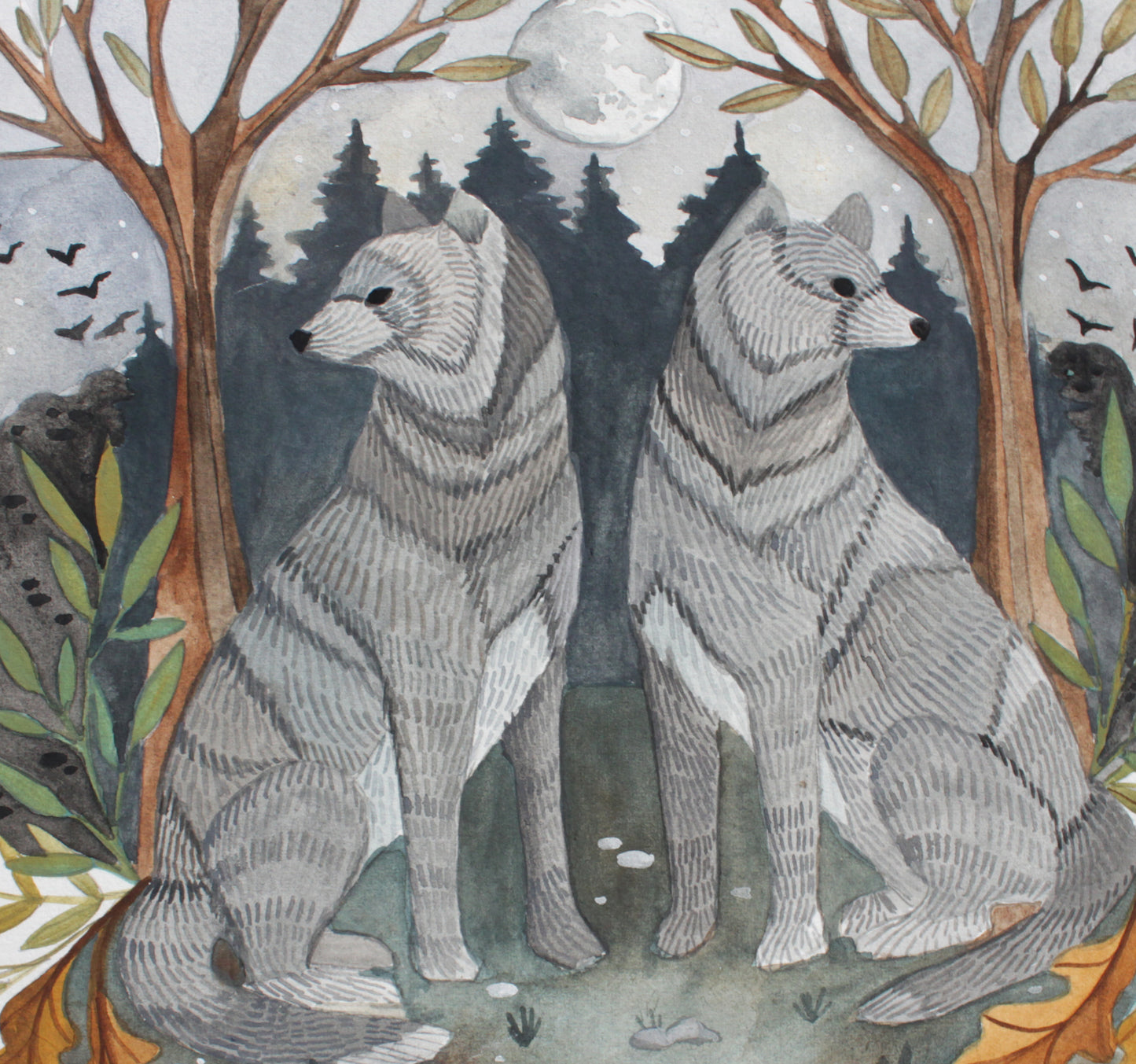 Original Wolf Painting - Full Moon Twins