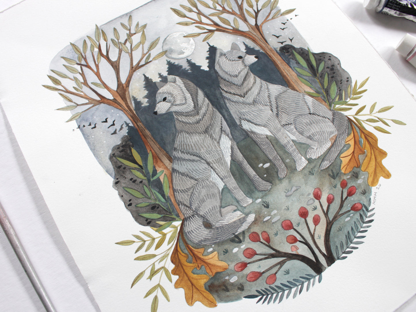 Original Wolf Painting - Full Moon Twins