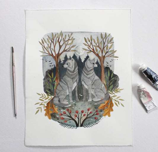 Original Wolf Painting - Full Moon Twins