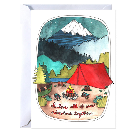 Card with a camping scene illustration and 'I love all of our adventures together' text.