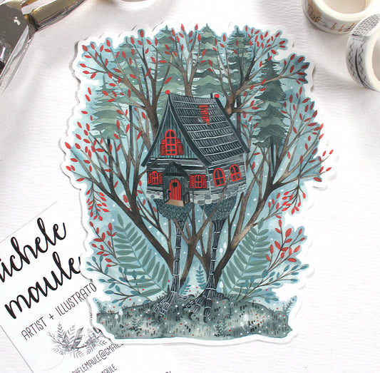 Illustration of a treehouse in a forest with red doors and windows, artist Michele Maule.