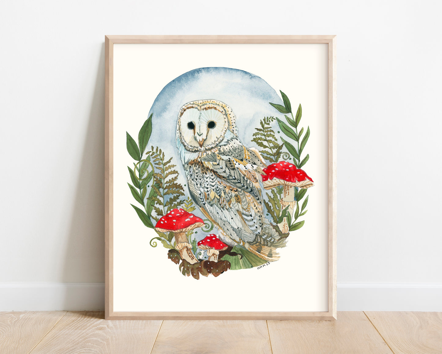 Illustrated Woodland Barn Owl Art Print - 8x10"