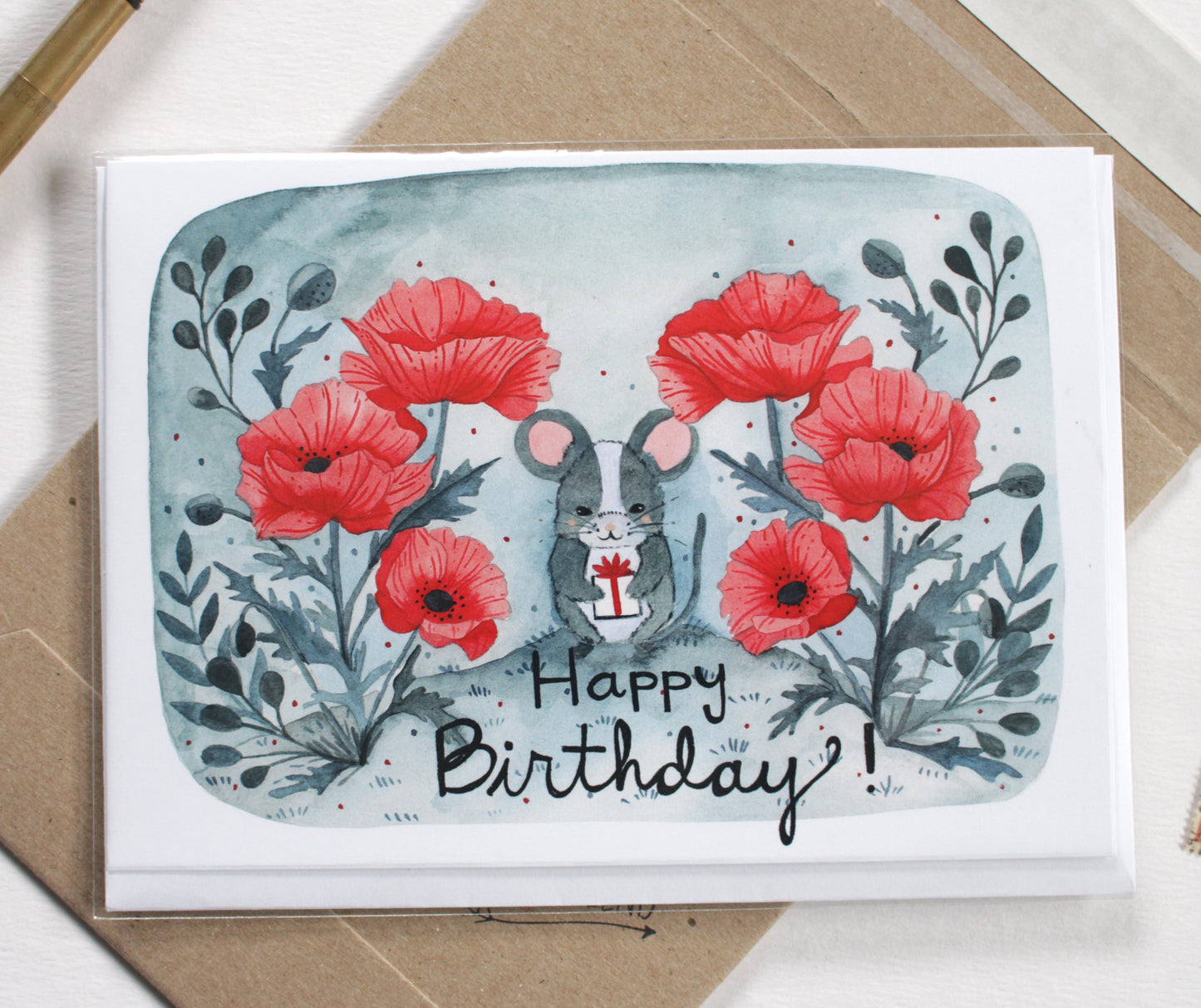 Charming Birthday Card with Adorable Mouse Illustration