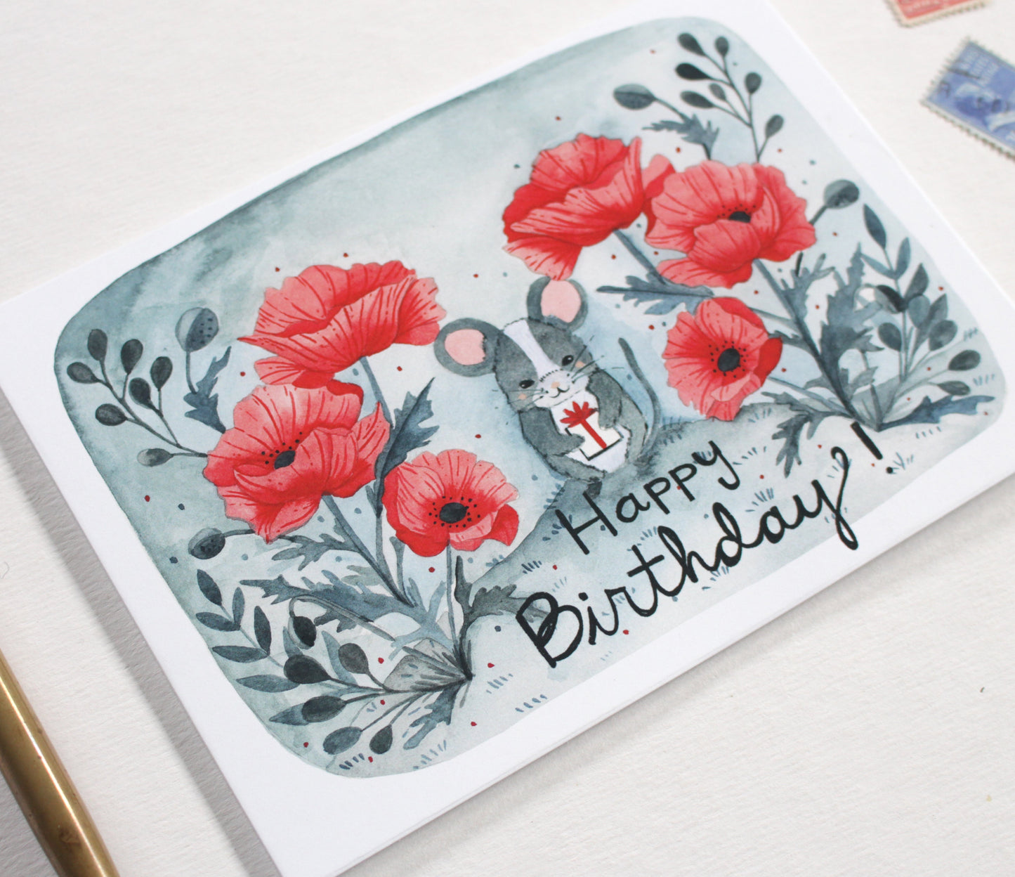 Charming Birthday Card with Adorable Mouse Illustration