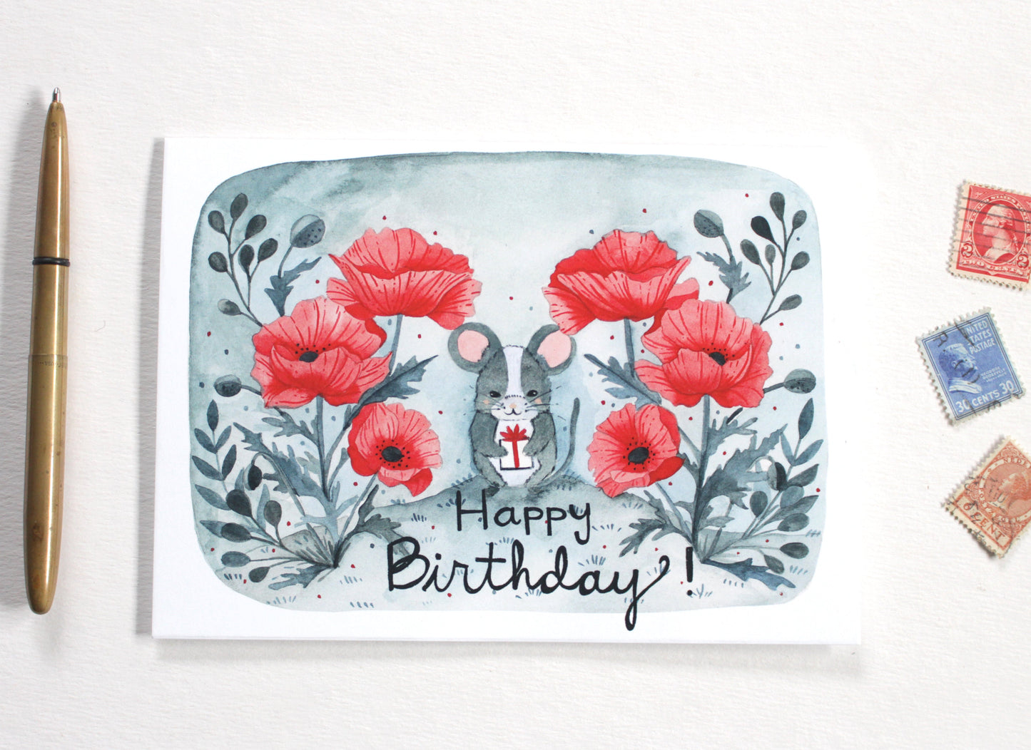 Charming Birthday Card with Adorable Mouse Illustration