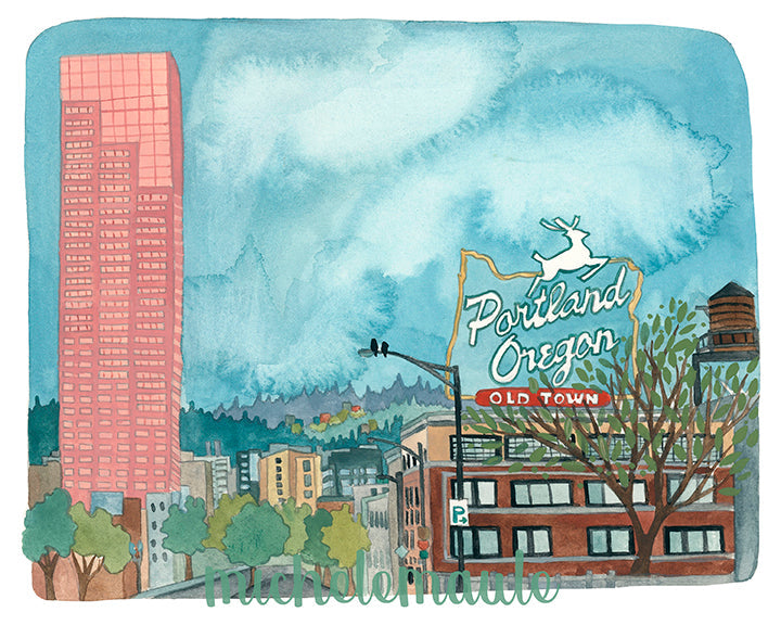 Portland Oregon Illustration Art Print - 11x14"