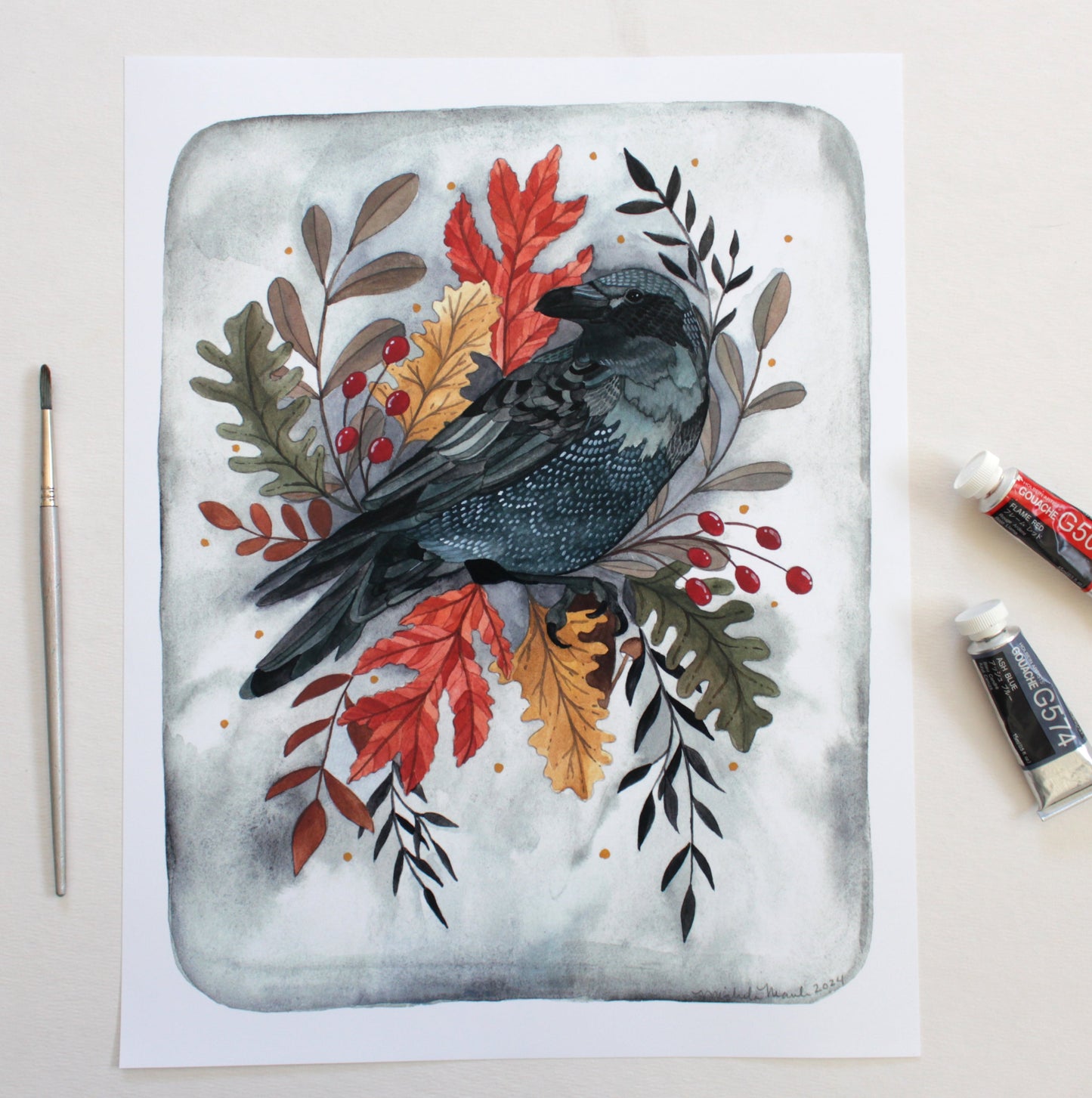 11x14 Autumn Crow: Vibrant Gouache Print for Nature Lovers