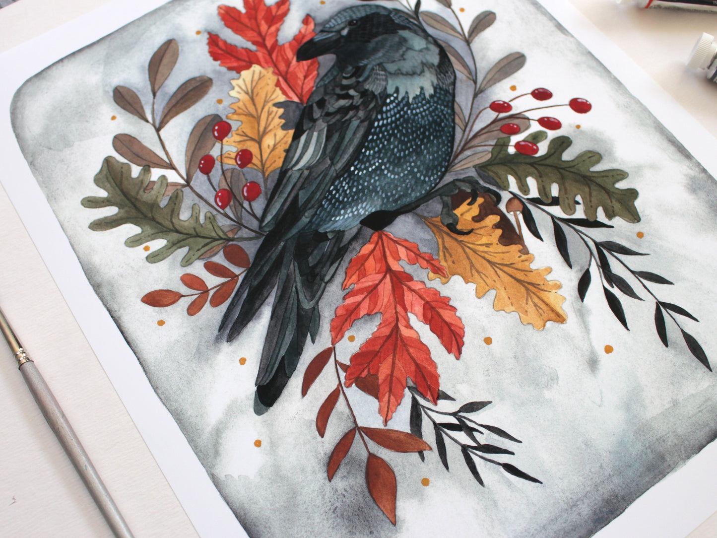 11x14 Autumn Crow: Vibrant Gouache Print for Nature Lovers
