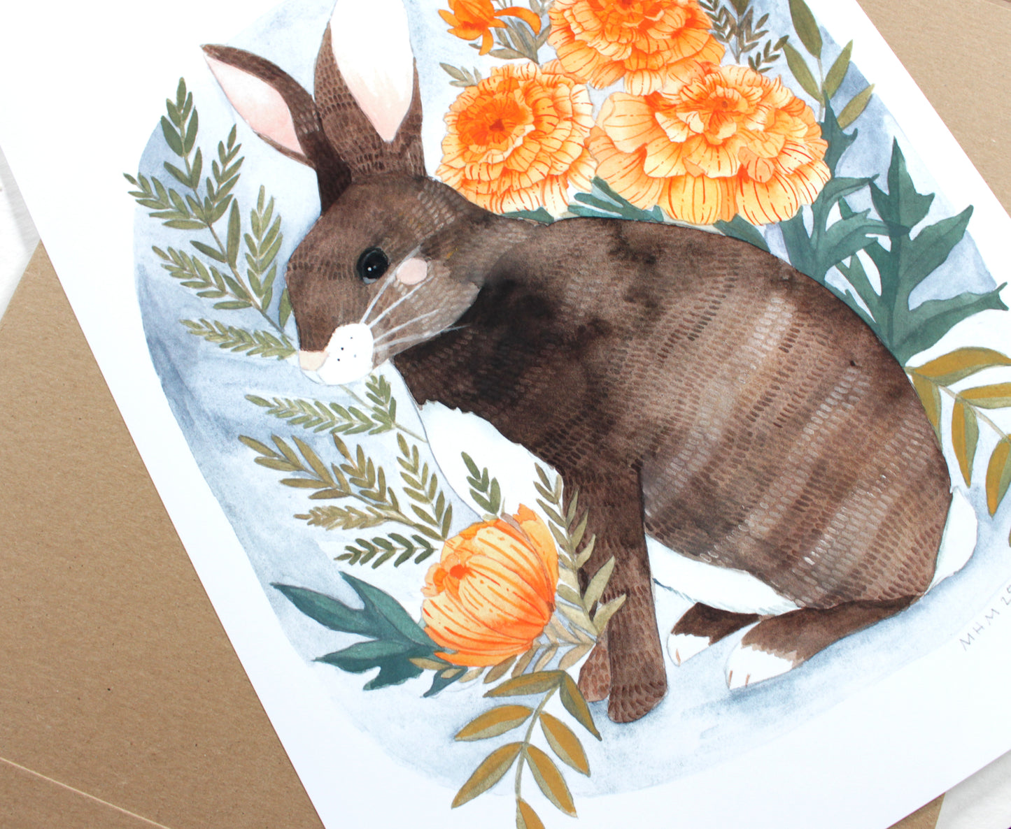 Hand Drawn Bunny Illustration with Marigold Flowers (11x14)