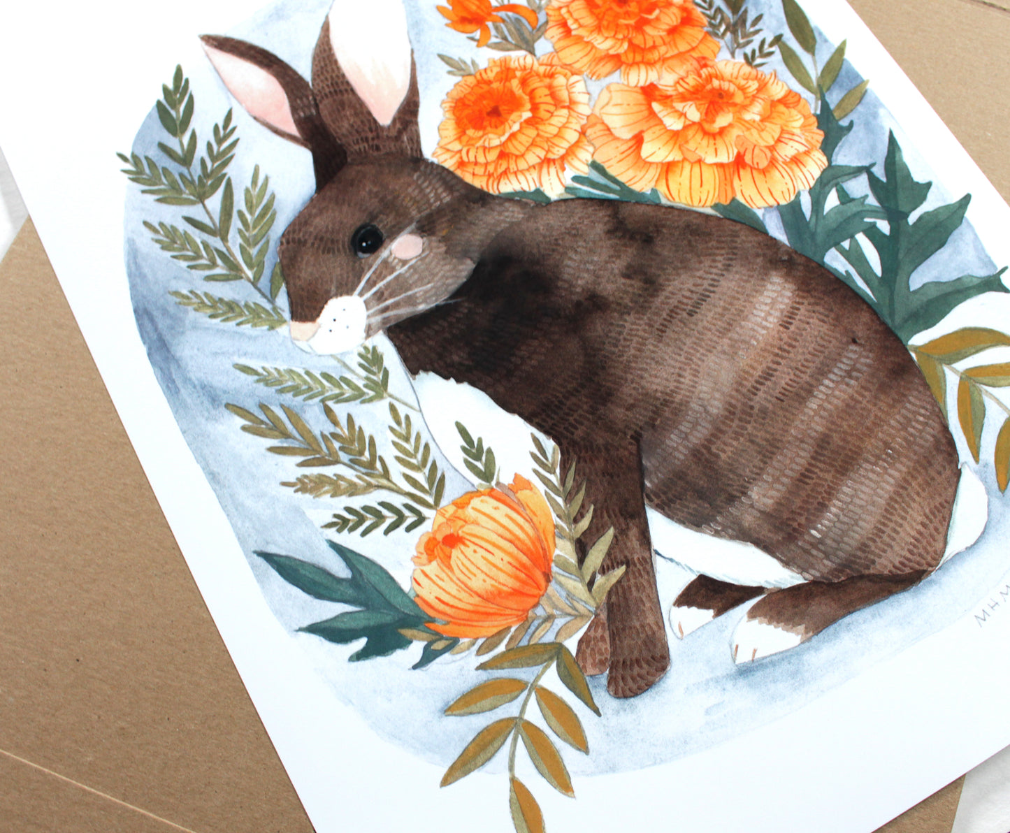 Hand Drawn Bunny Illustration with Marigold Flowers (11x14)