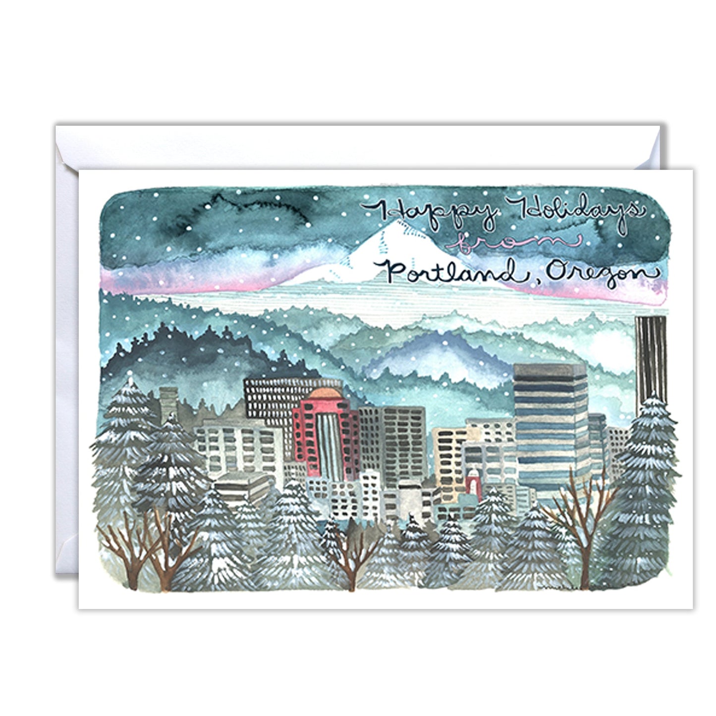 Portland Oregon Holiday Card: City Skyline Illustration