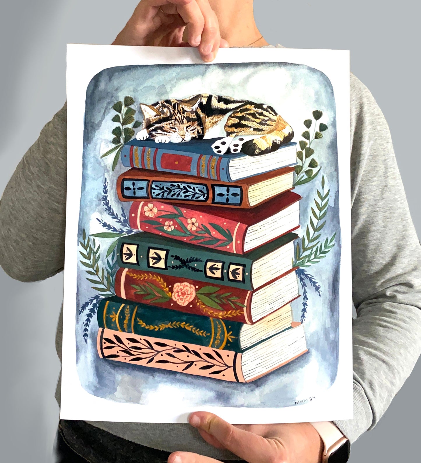 Hand Drawn Illustration Cat Napping on a Book Stack - 11x14" Print