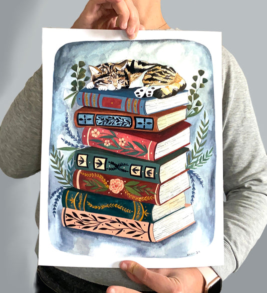 11x14 Print - Cat Napping on Books