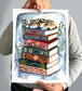 Hand Drawn Illustration Cat Napping on a Book Stack - 11x14" Print