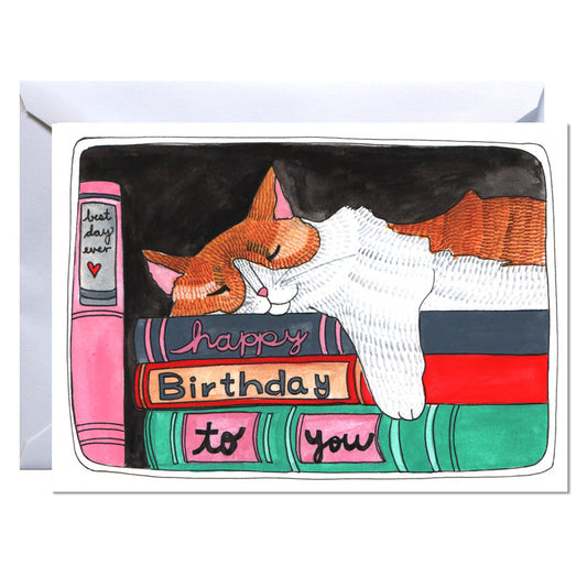 Blank Cat Birthday Card - Cat Nap with Books