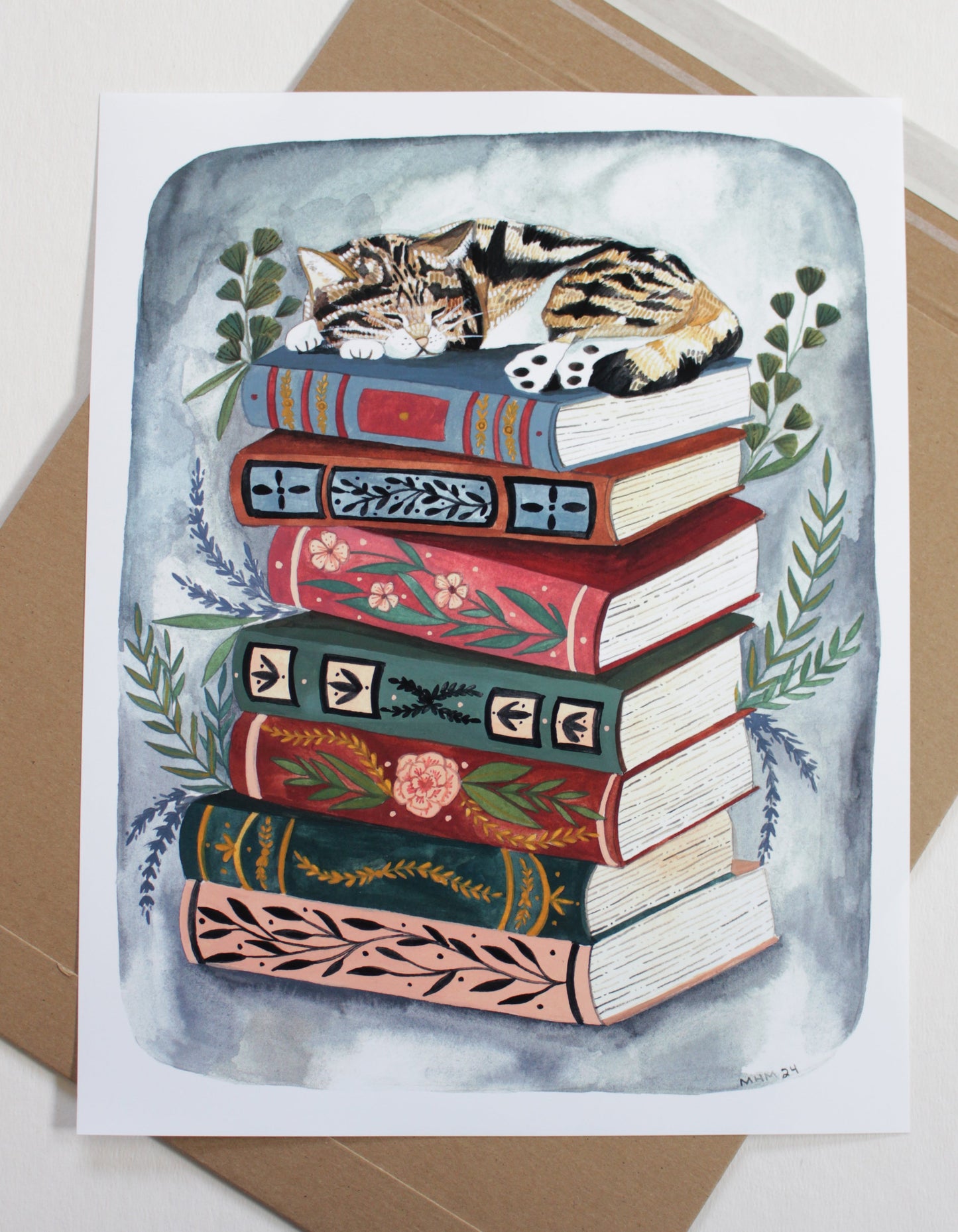 Hand Drawn Illustration Cat Napping on a Book Stack - 11x14" Print