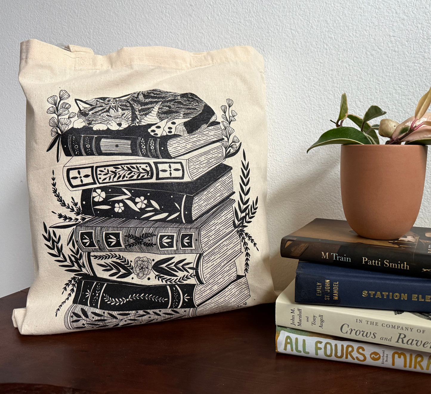 Sleeping Cat on a Stack of Books Cotton Canvas Tote Bag