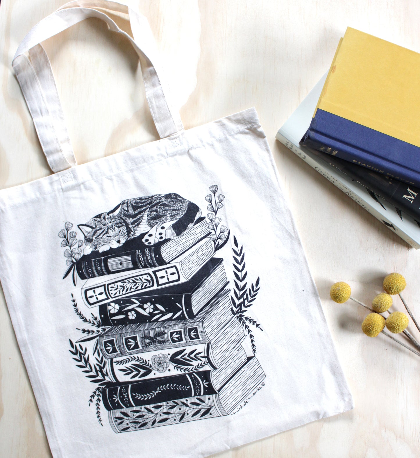 Sleeping Cat on a Stack of Books Cotton Canvas Tote Bag