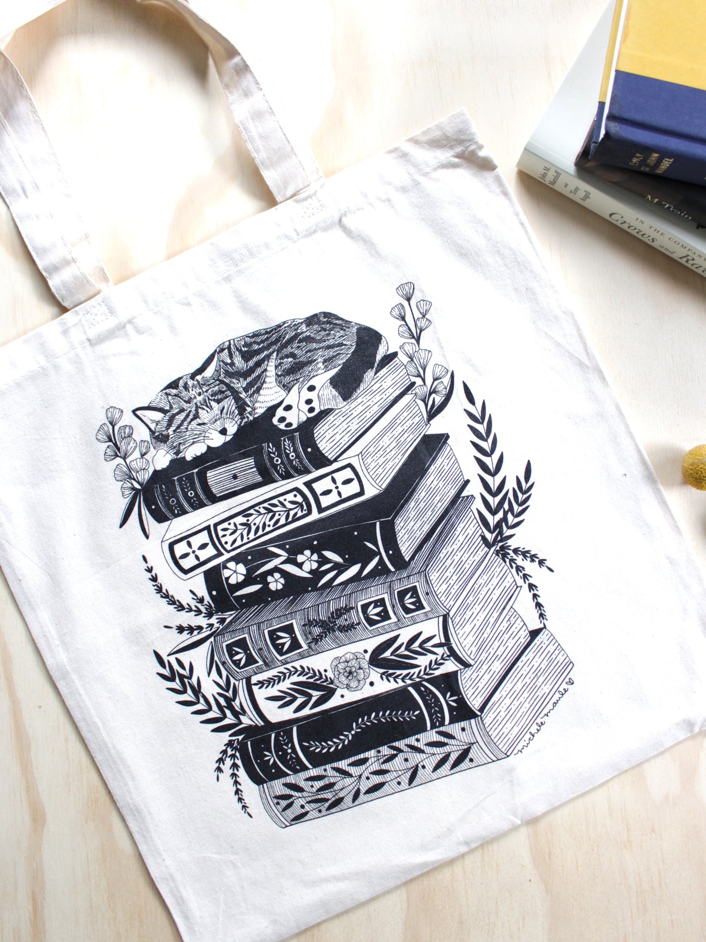 Sleeping Cat on a Stack of Books Cotton Canvas Tote Bag
