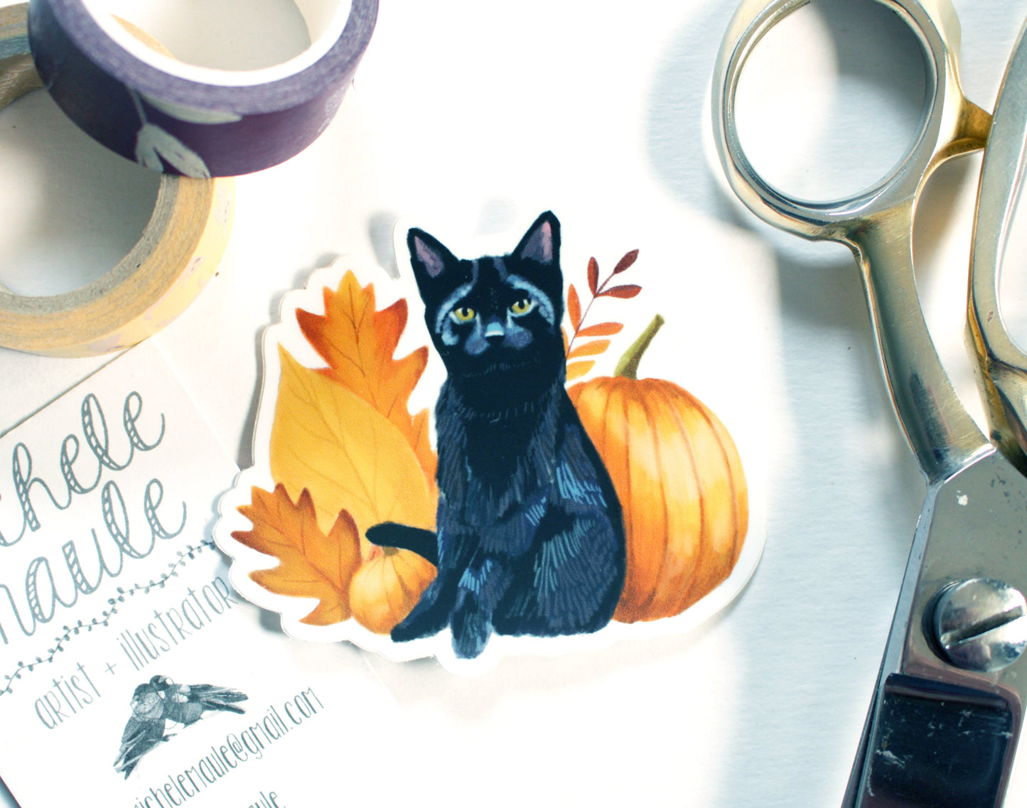 Black Cat with Fall Leaves Vinyl Sticker