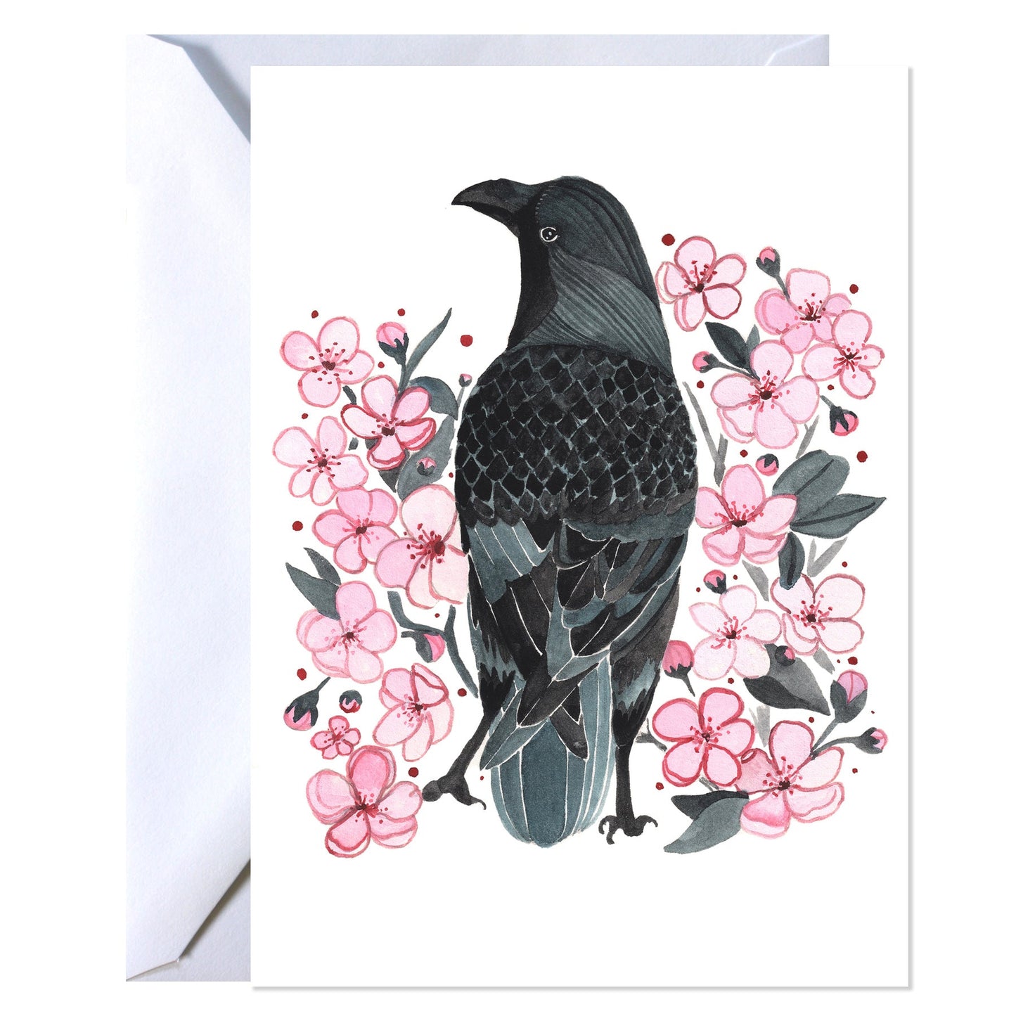 Crow and Cherry Blossoms Greeting Card - Spring Note Card