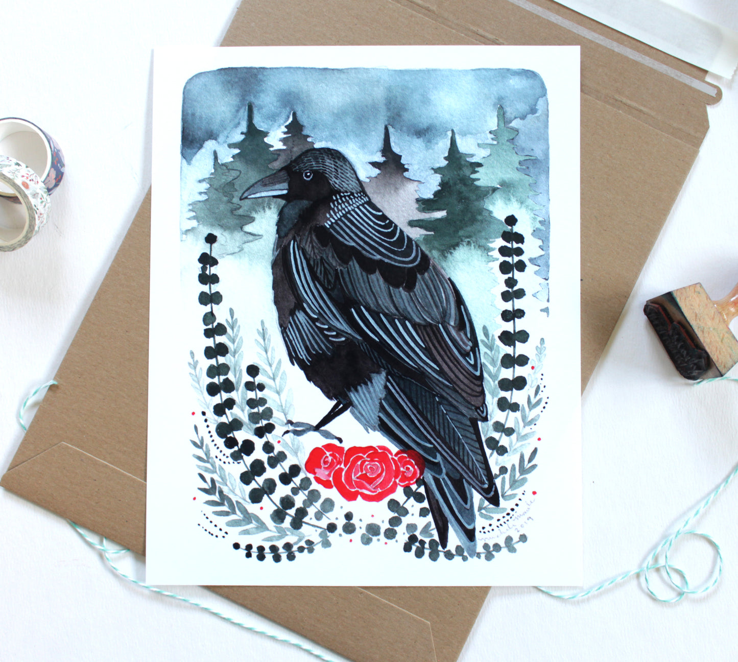 Illustrated Art Print - Crow with Roses 8x10 Print