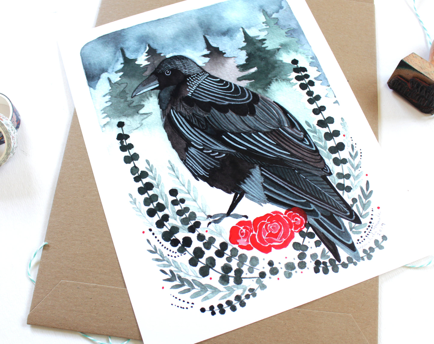 Illustrated Art Print - Crow with Roses 8x10 Print
