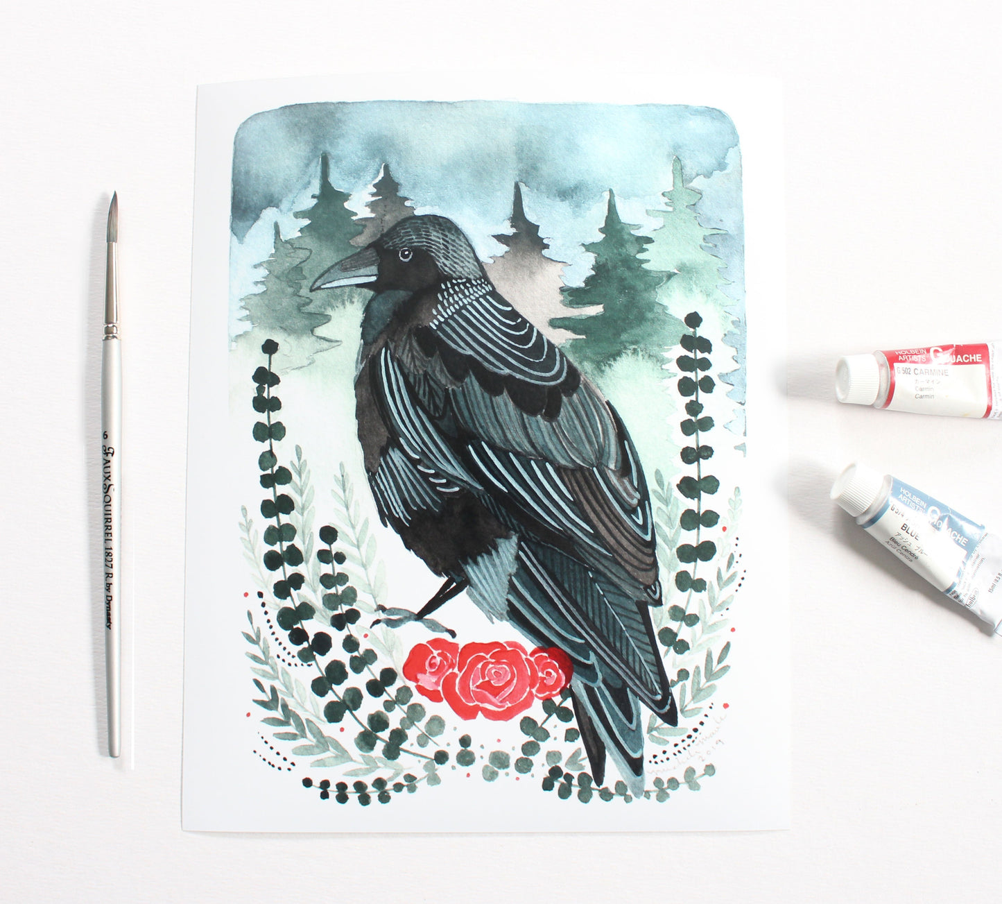 Illustrated Art Print - Crow with Roses 8x10 Print