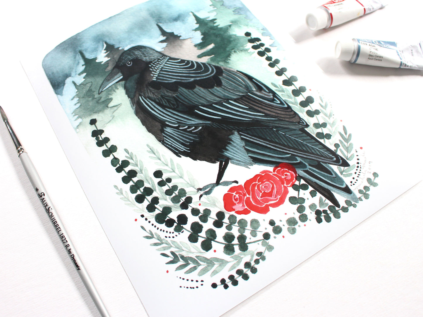 Illustrated Art Print - Crow with Roses 8x10 Print