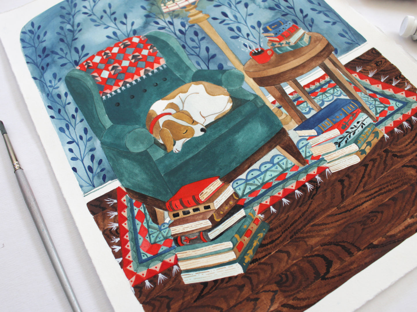 Illustration Art Print of a Cozy Library Dog 8x10"
