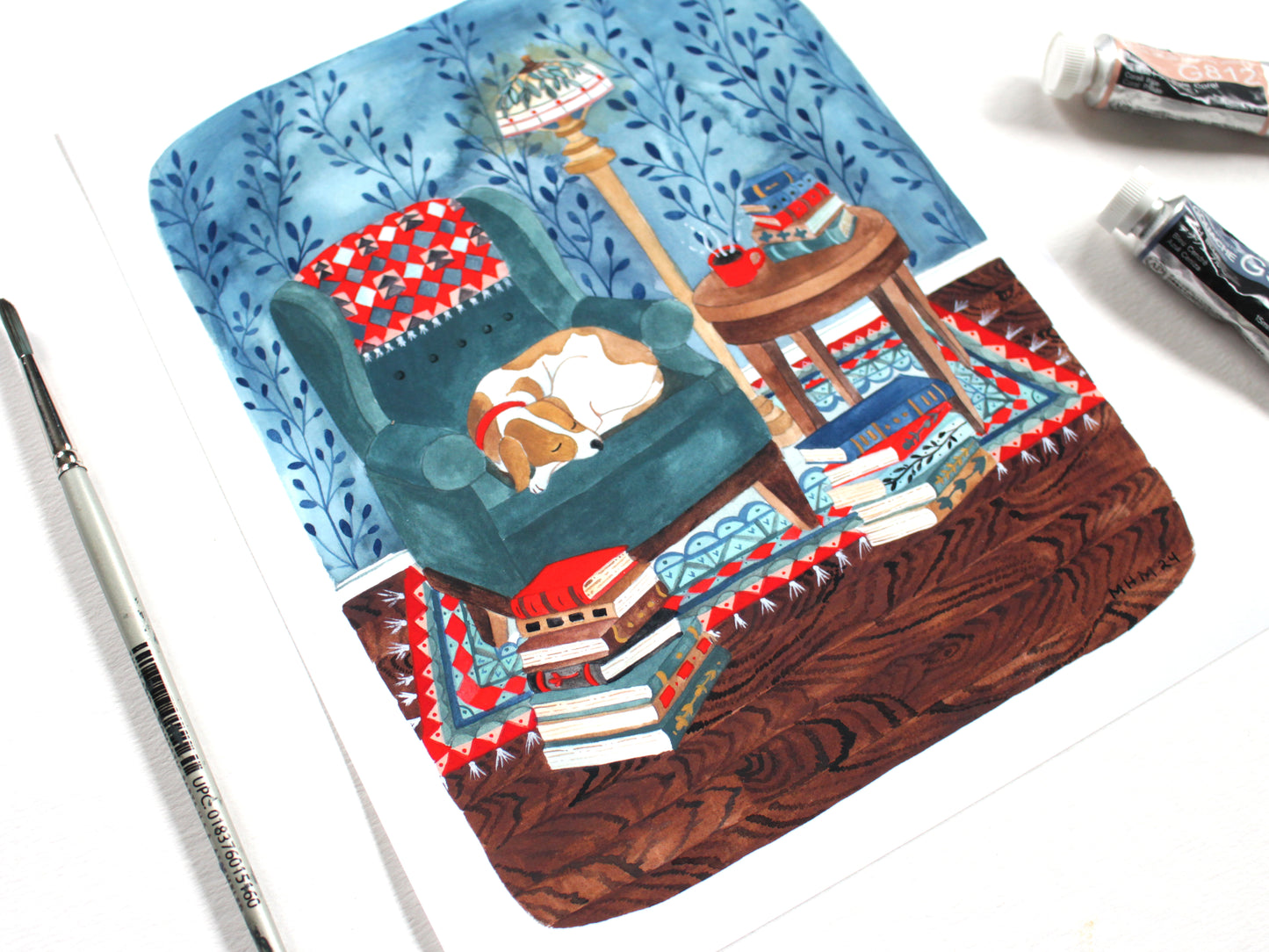 Illustration Art Print of a Cozy Library Dog 8x10"