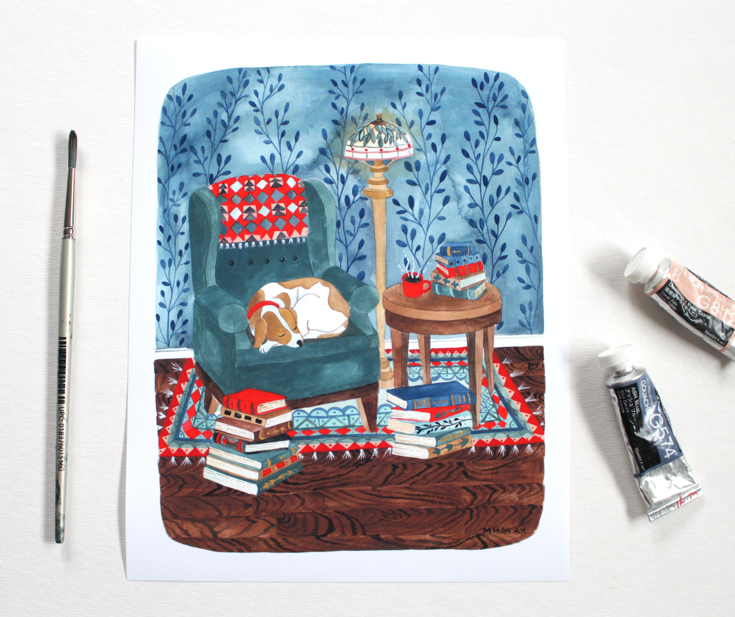 Illustration Art Print of a Cozy Library Dog 8x10"