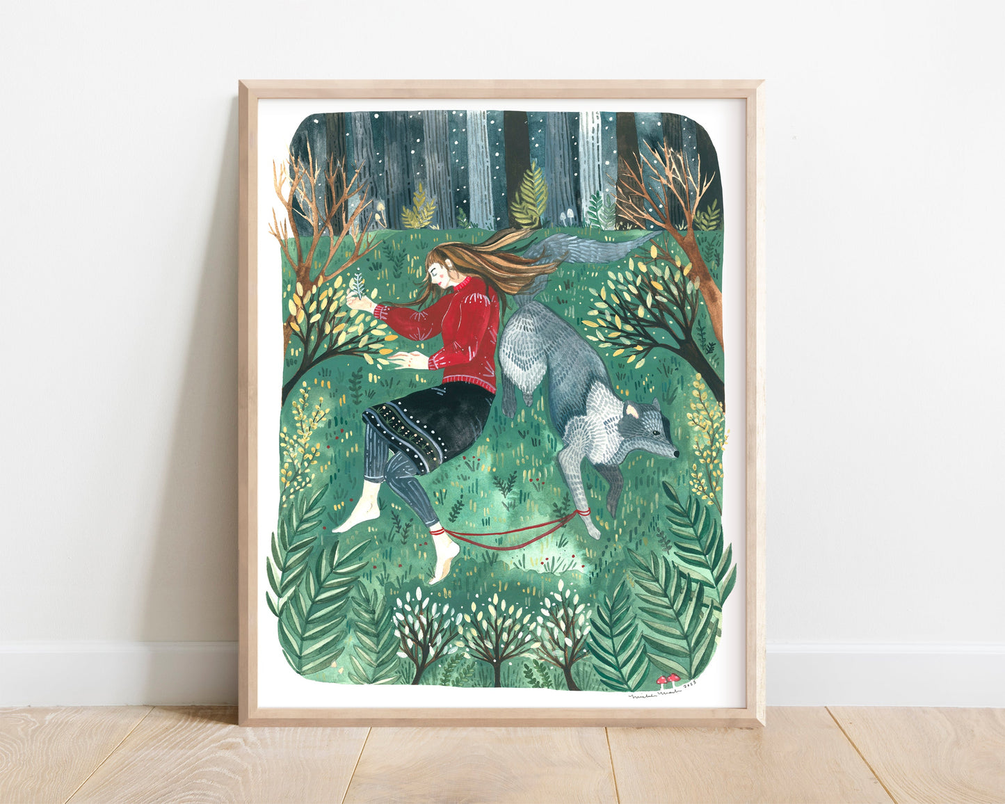Illustrated Print of a Woman and Her Wolf Familiar