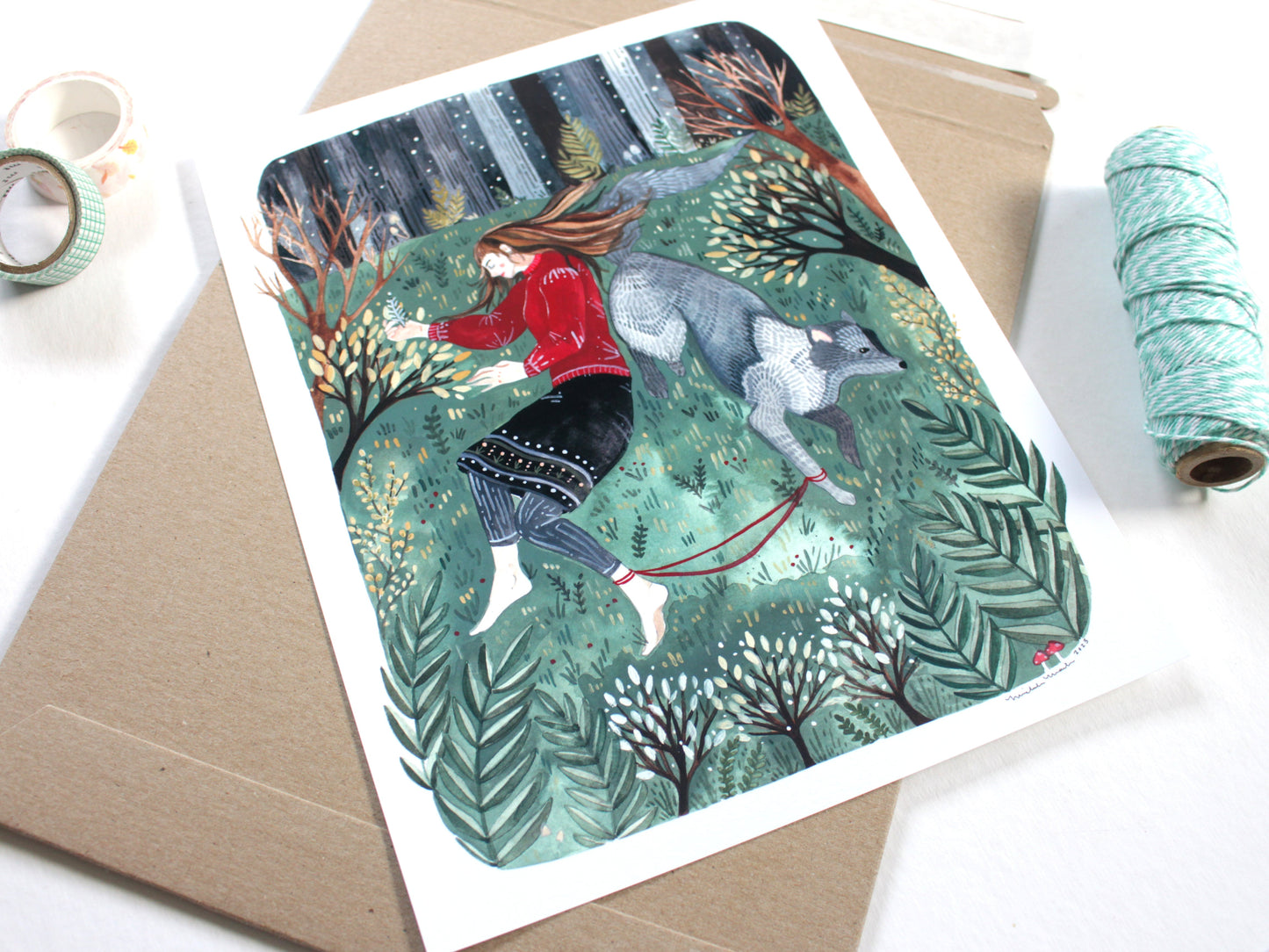 Illustrated Print of a Woman and Her Wolf Familiar
