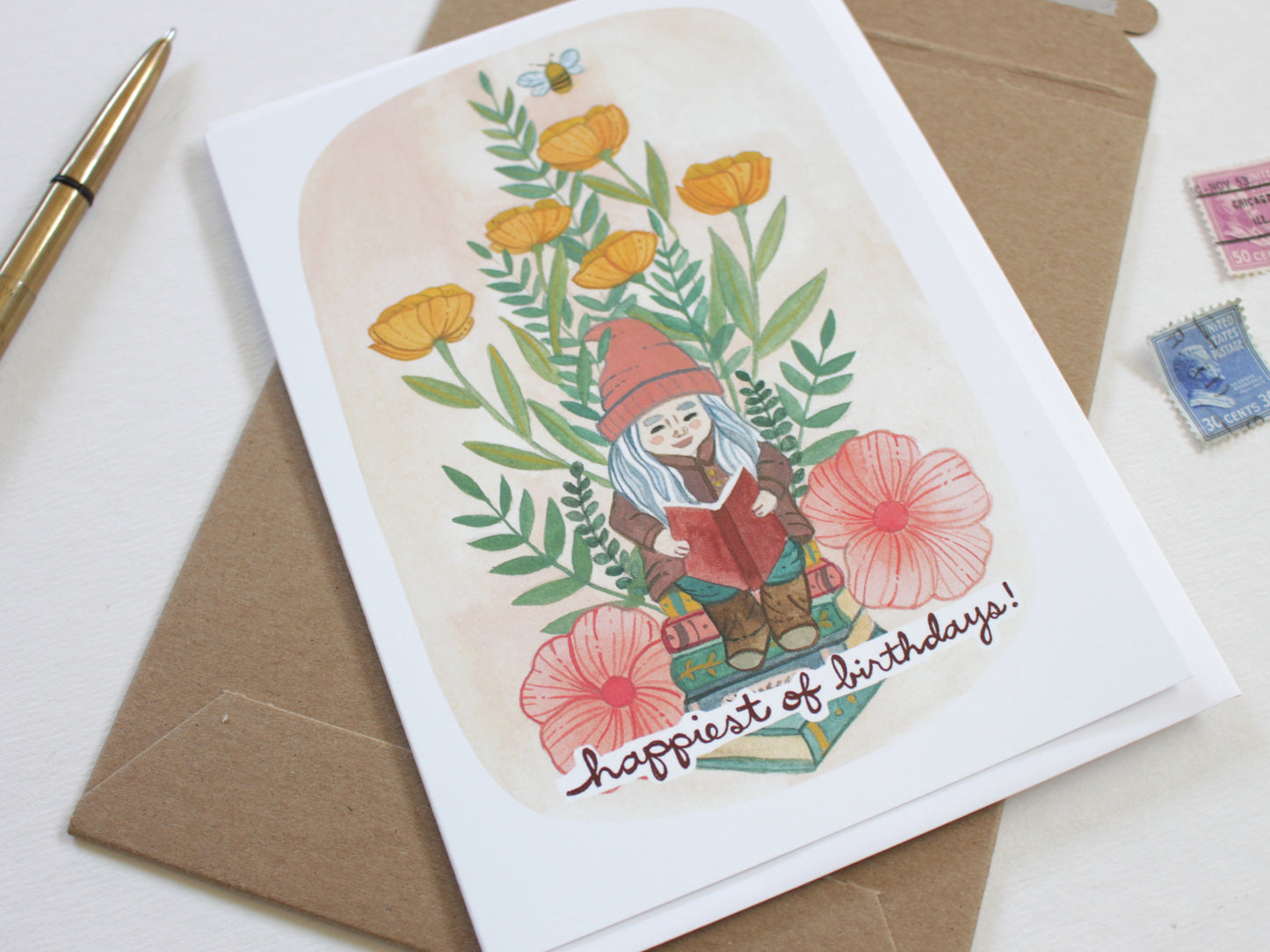 Illustrated Blank Birthday Card for an Avid Reader - Gnome Reading in the Garden