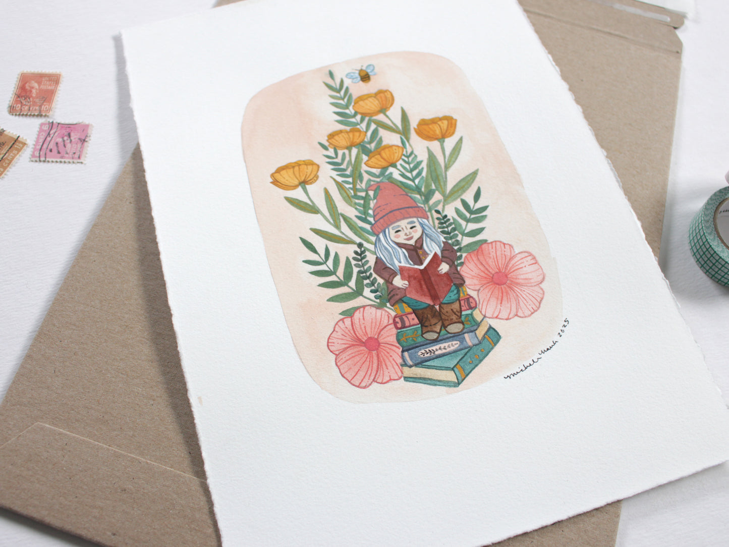 Original Painting - Garden Gnome Reading in the Garden