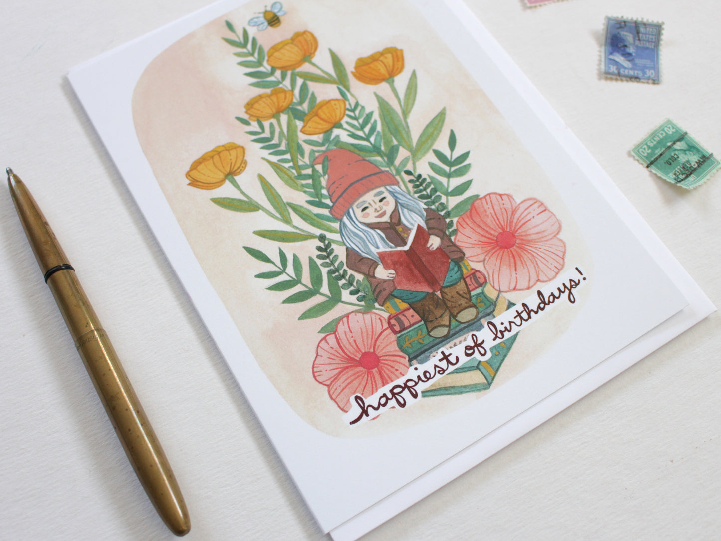 Illustrated Blank Birthday Card for an Avid Reader - Gnome Reading in the Garden