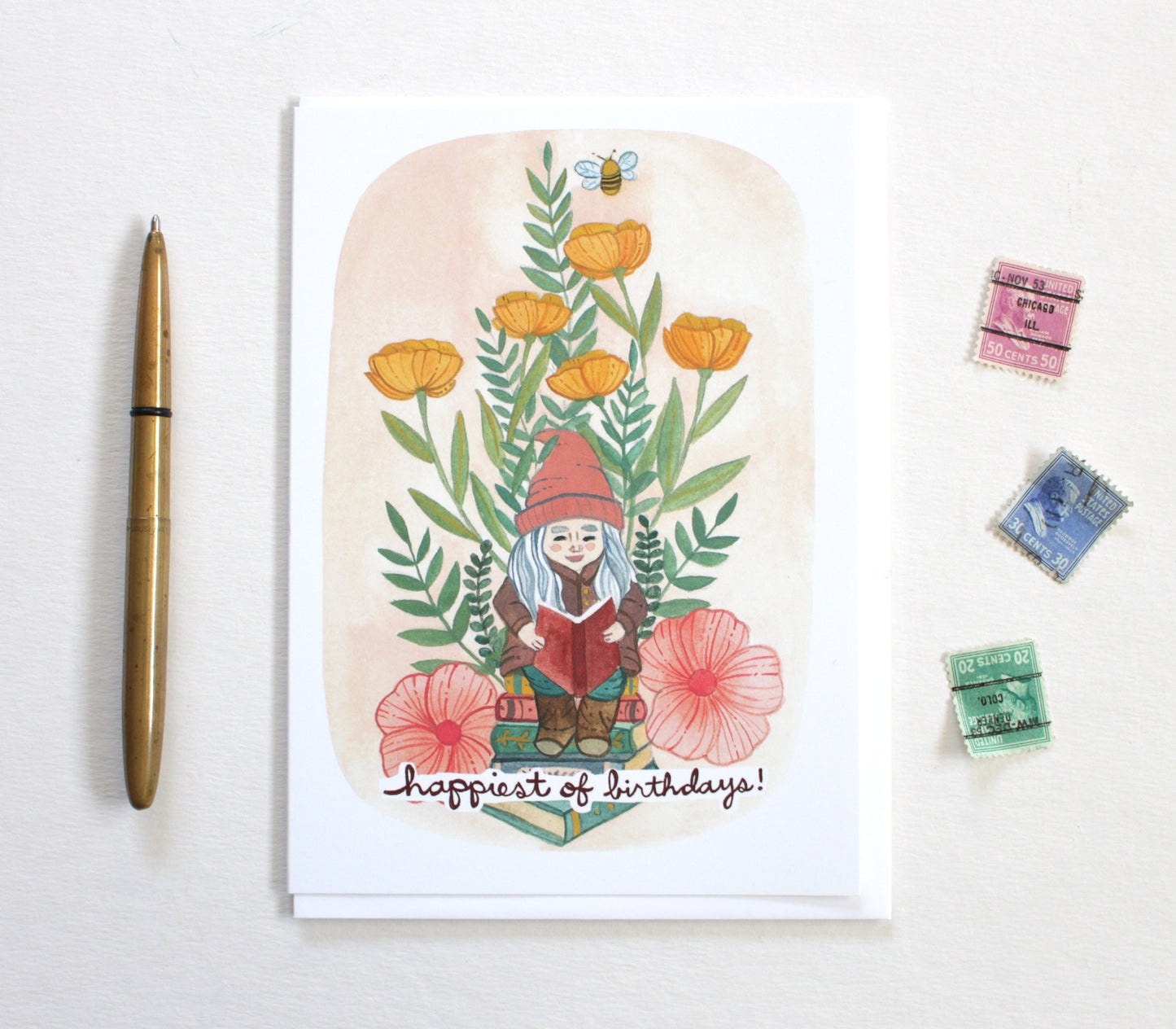 Illustrated Blank Birthday Card for an Avid Reader - Gnome Reading in the Garden