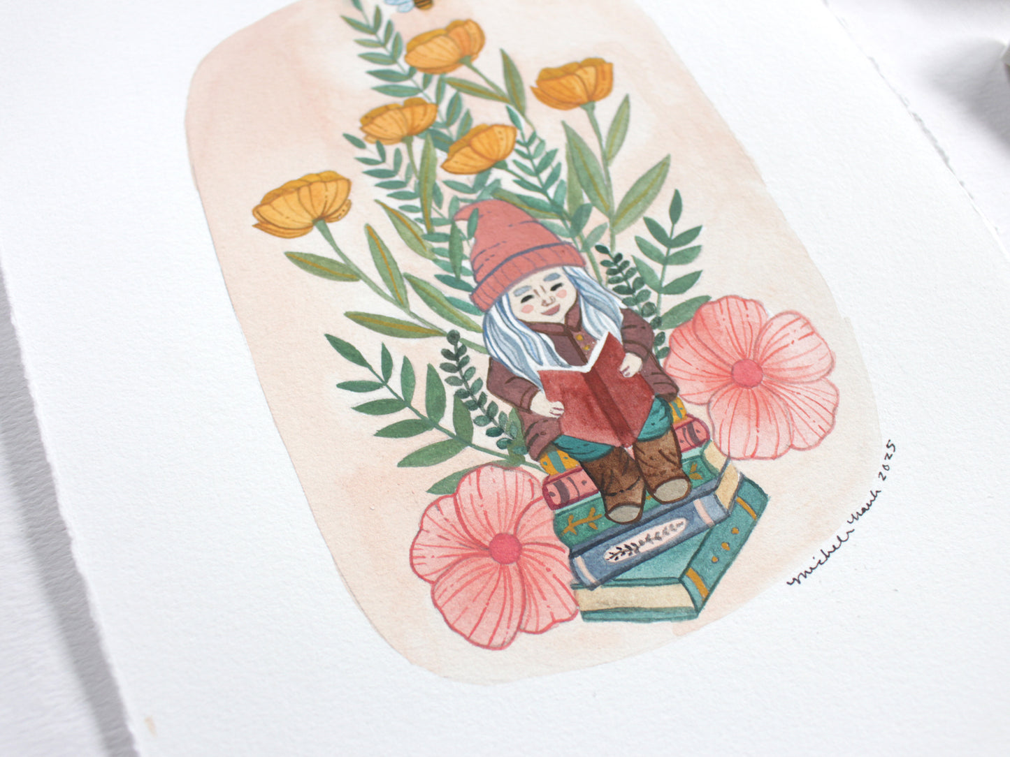 Original Painting - Garden Gnome Reading in the Garden