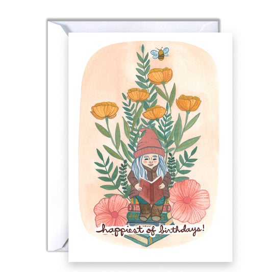 Illustrated Blank Birthday Card for an Avid Reader - Gnome Reading in the Garden