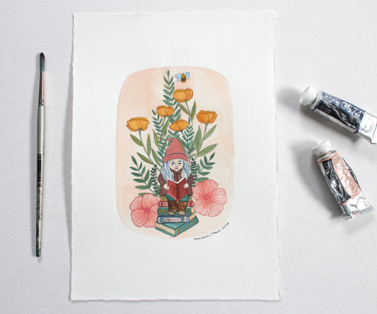 Original Painting - Garden Gnome Reading in the Garden